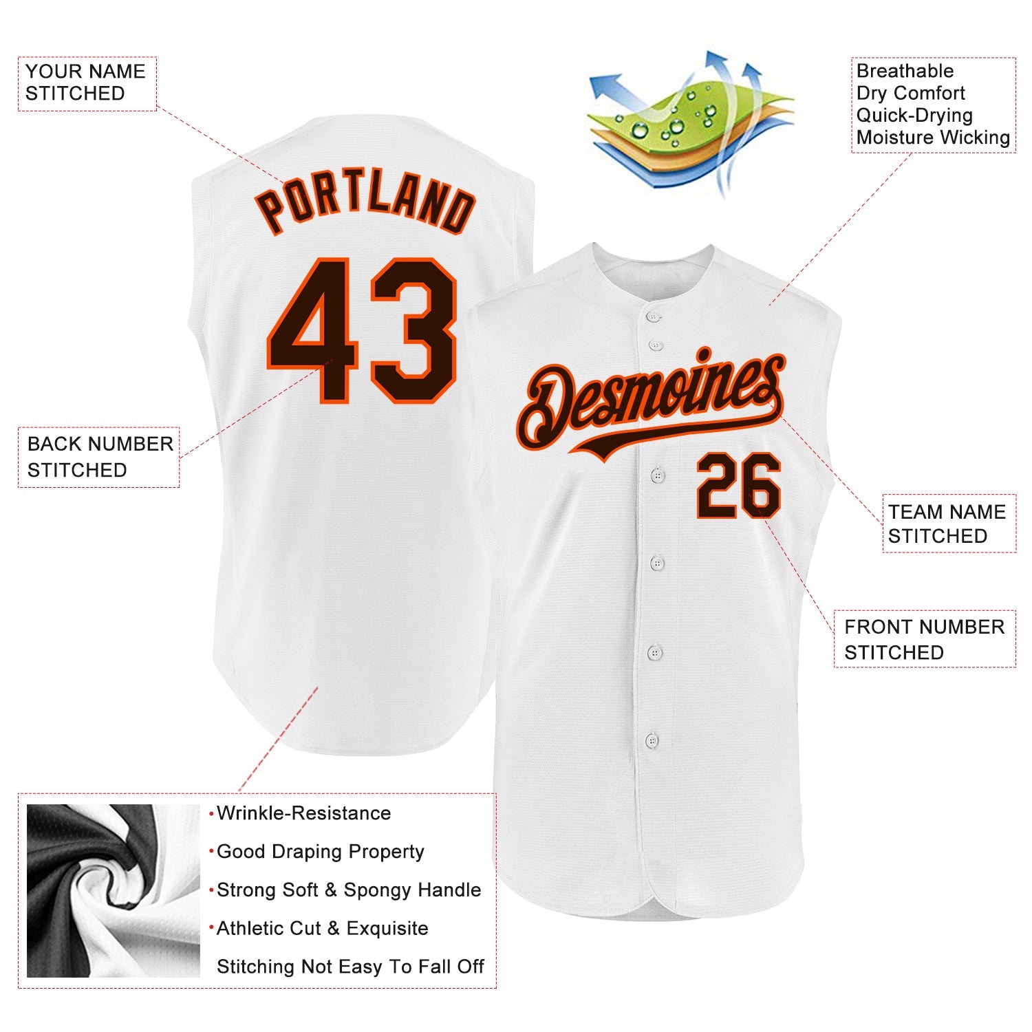 Custom White Brown-Orange Authentic Sleeveless Baseball Jersey - Sky-Custom