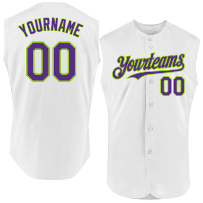 Custom White Purple-Neon Green Authentic Sleeveless Baseball Jersey - Sky-Custom