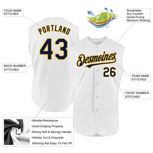Custom White Navy-Gold Authentic Sleeveless Baseball Jersey - Sky-Custom