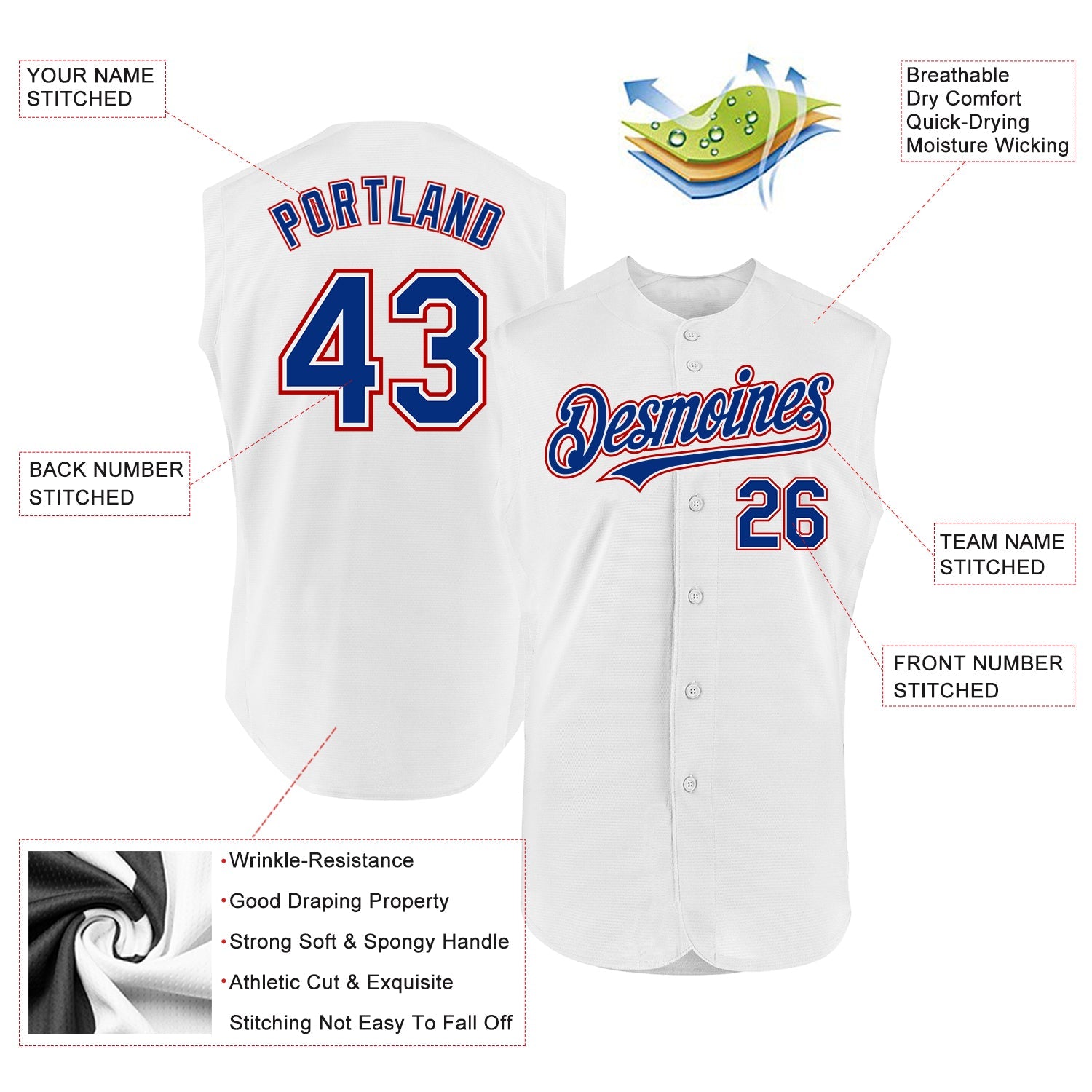Custom White Royal-Red Authentic Sleeveless Baseball Jersey - Sky-Custom