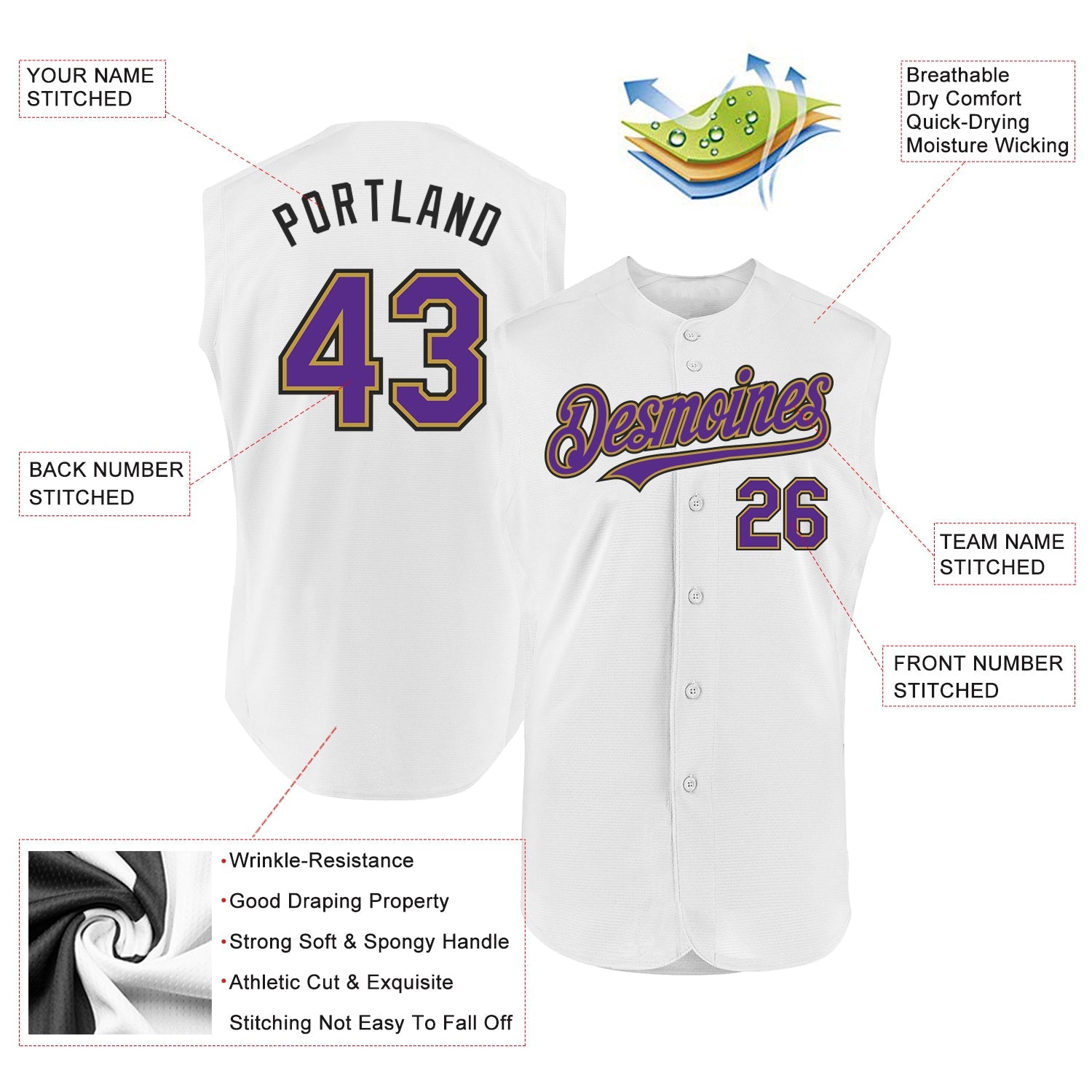 Custom White Purple Old Gold-Black Authentic Sleeveless Baseball Jersey - Sky-Custom