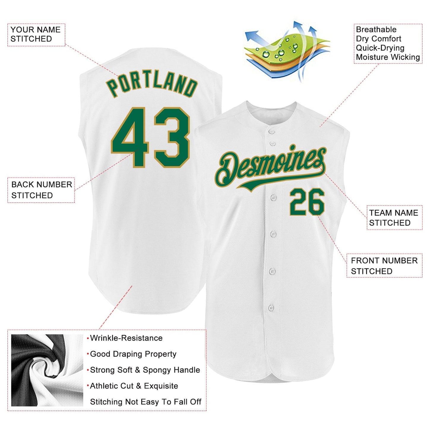 Custom White Kelly Green-Old Gold Authentic Sleeveless Baseball Jersey - Sky-Custom