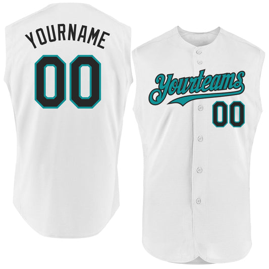 Custom White Black-Teal Authentic Sleeveless Baseball Jersey - Sky-Custom
