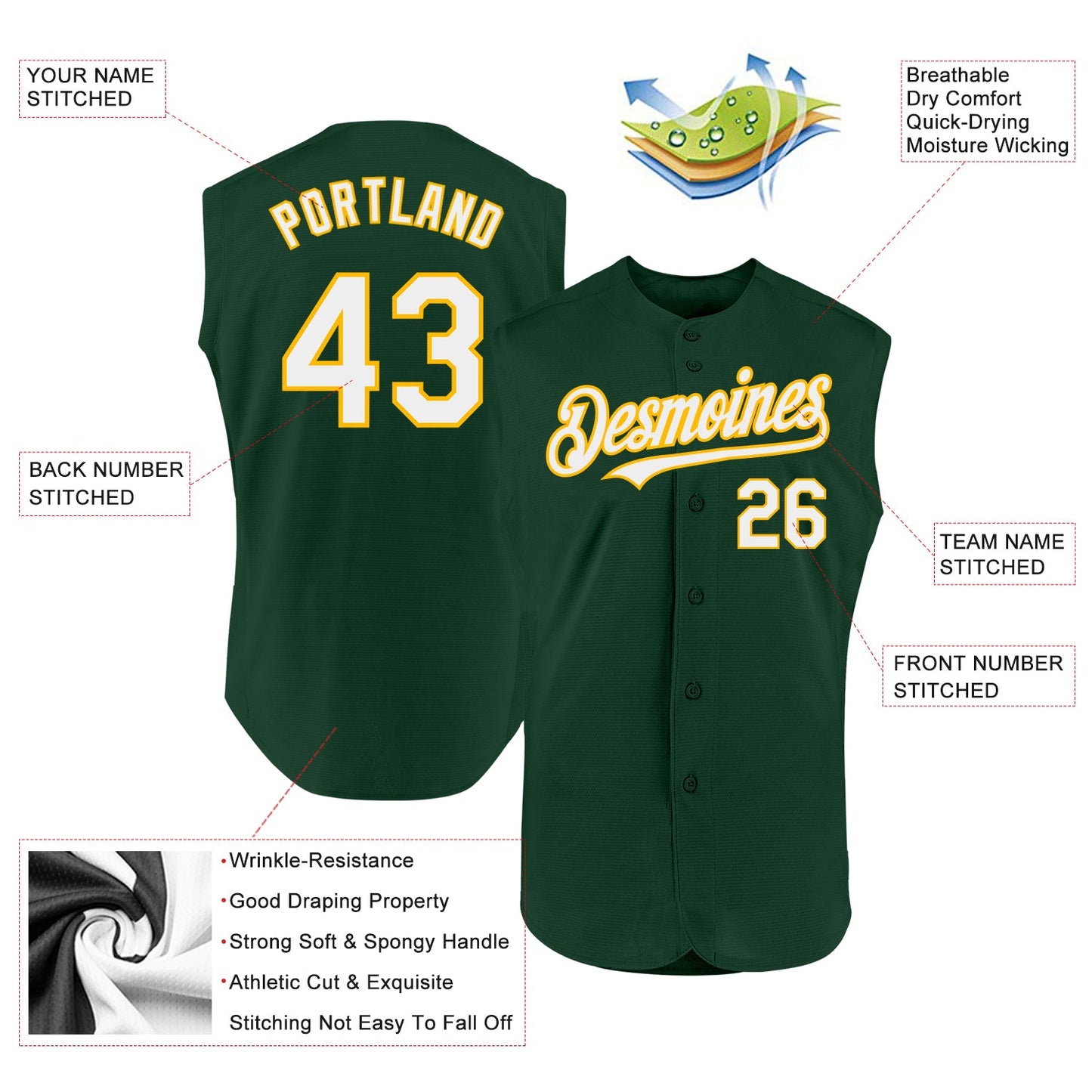Custom Green White-Gold Authentic Sleeveless Baseball Jersey - Sky-Custom