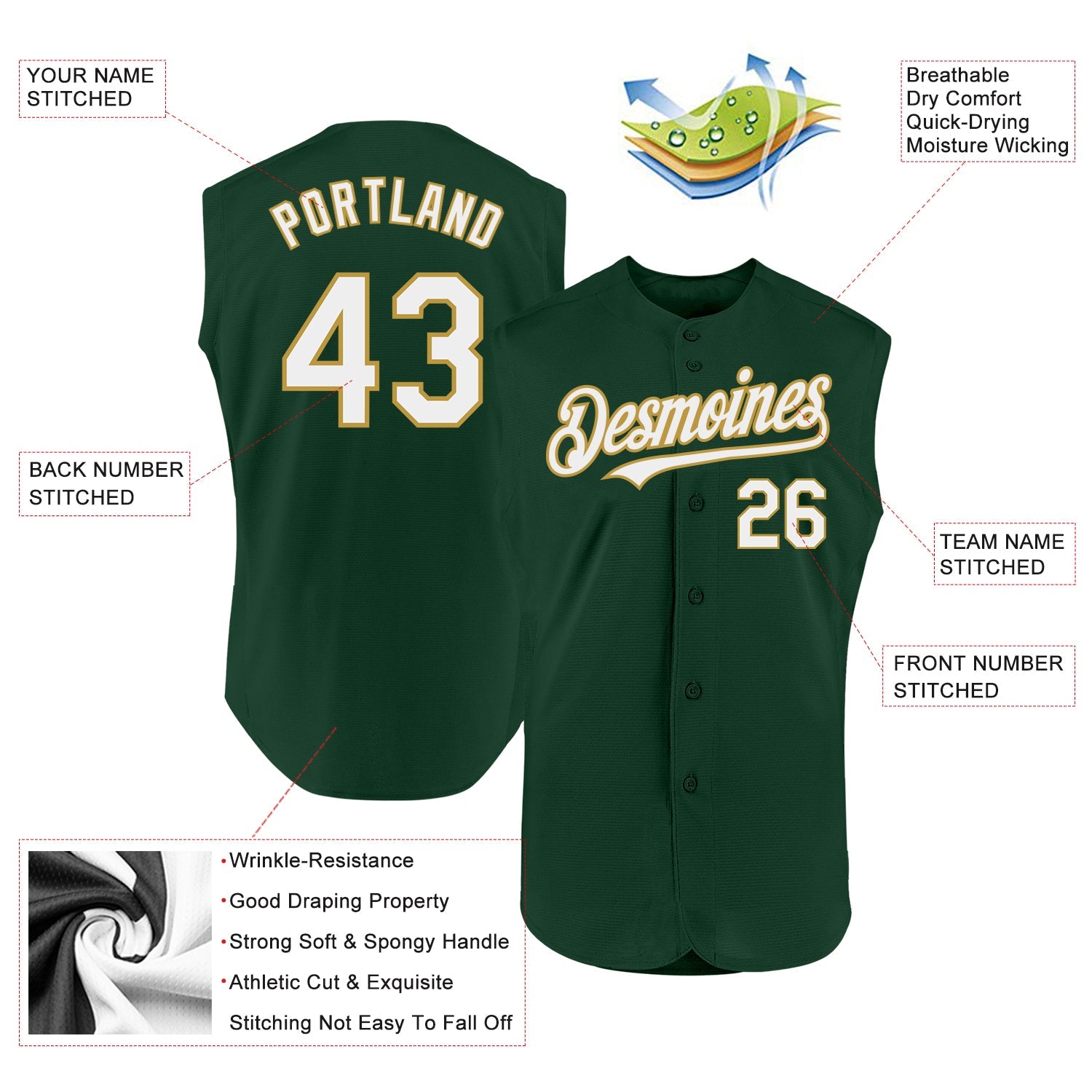 Custom Green White-Old Gold Authentic Sleeveless Baseball Jersey - Sky-Custom