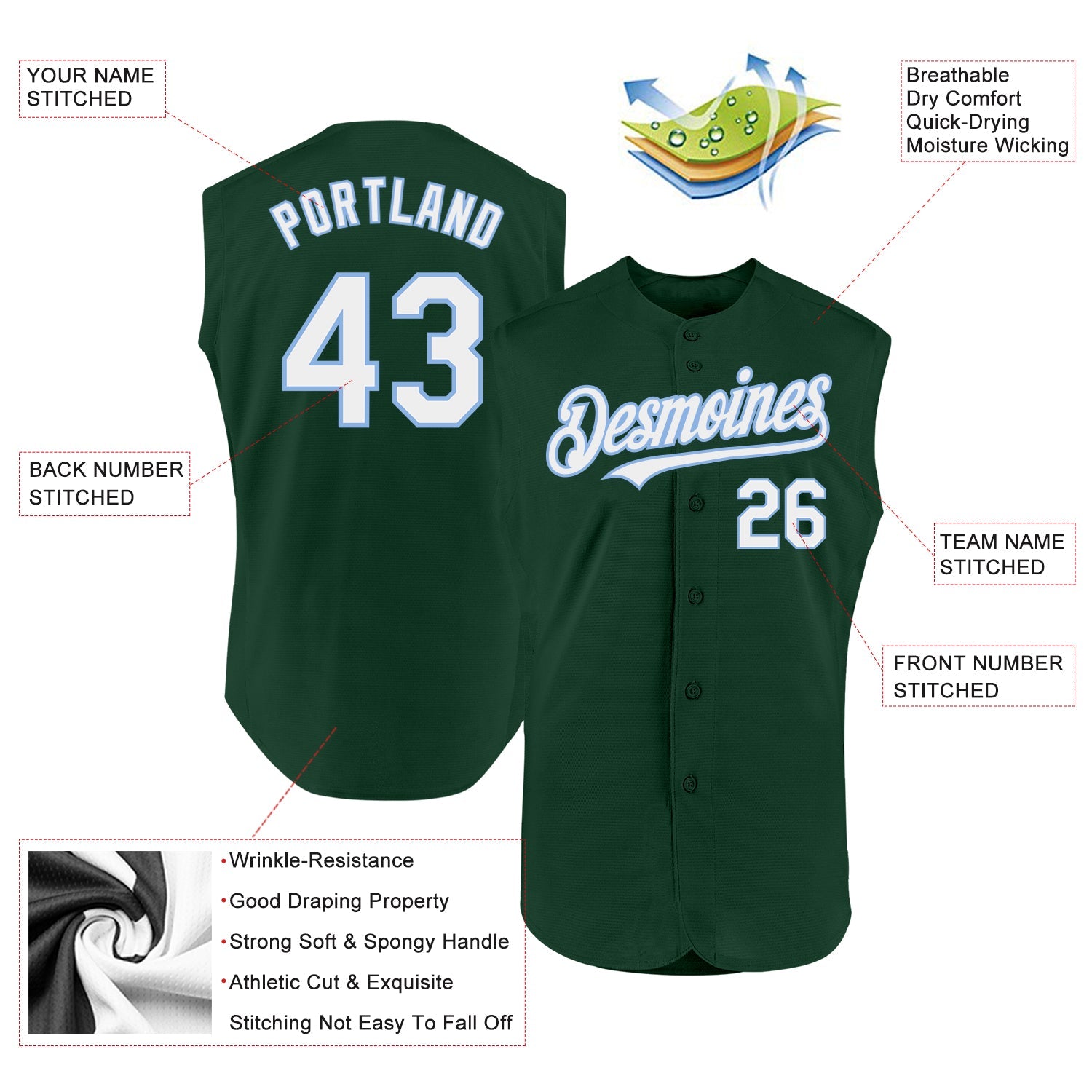 Custom Green White-Light Blue Authentic Sleeveless Baseball Jersey - Sky-Custom