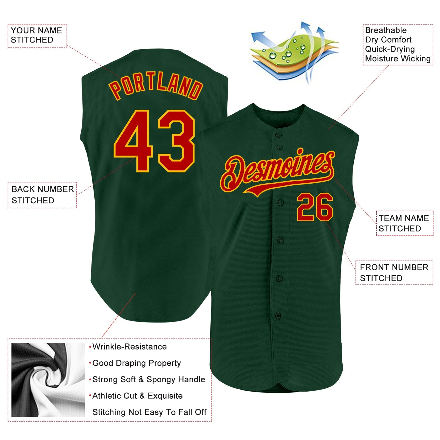 Custom Green Red-Gold Authentic Sleeveless Baseball Jersey - Sky-Custom
