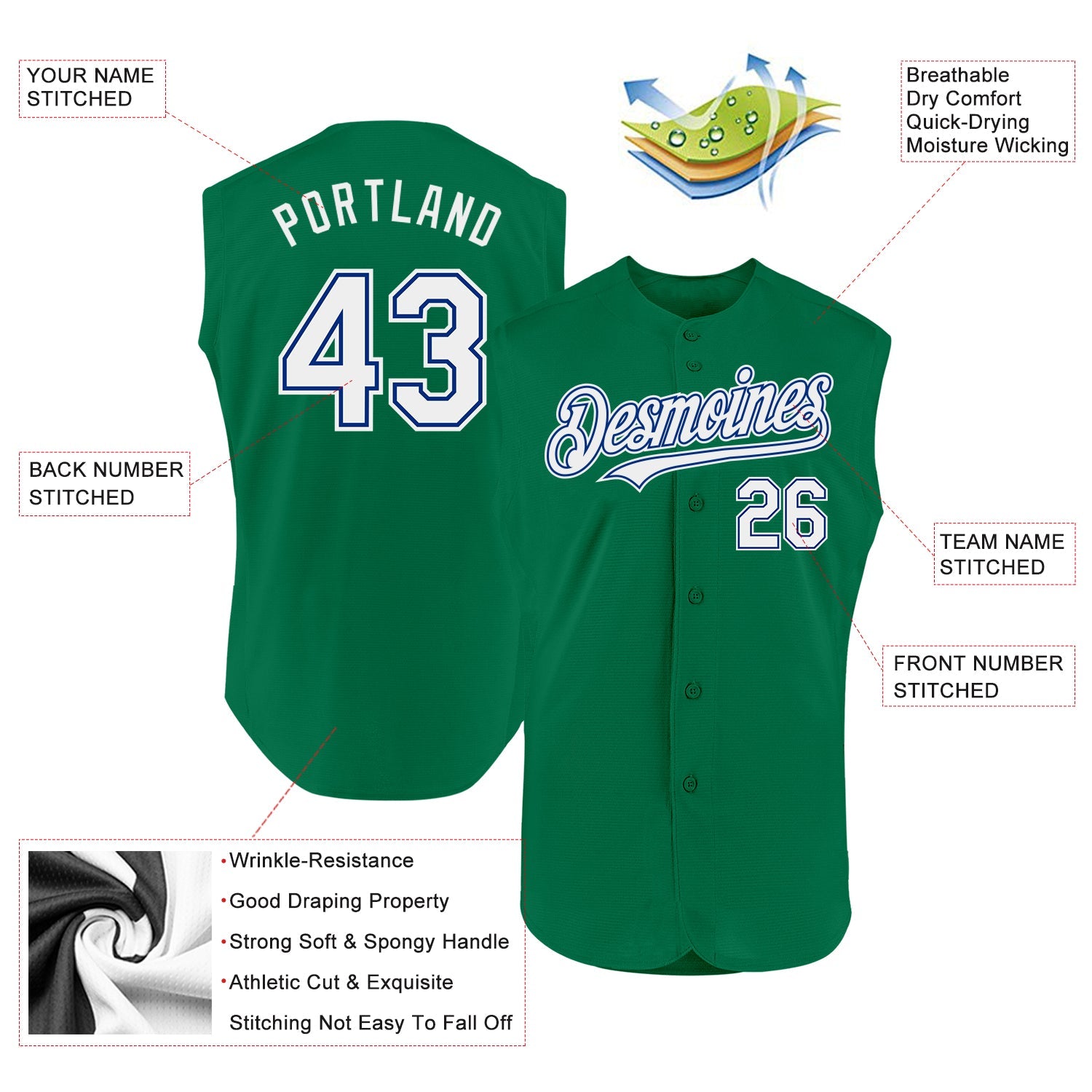 Custom Kelly Green White-Royal Authentic Sleeveless Baseball Jersey - Sky-Custom