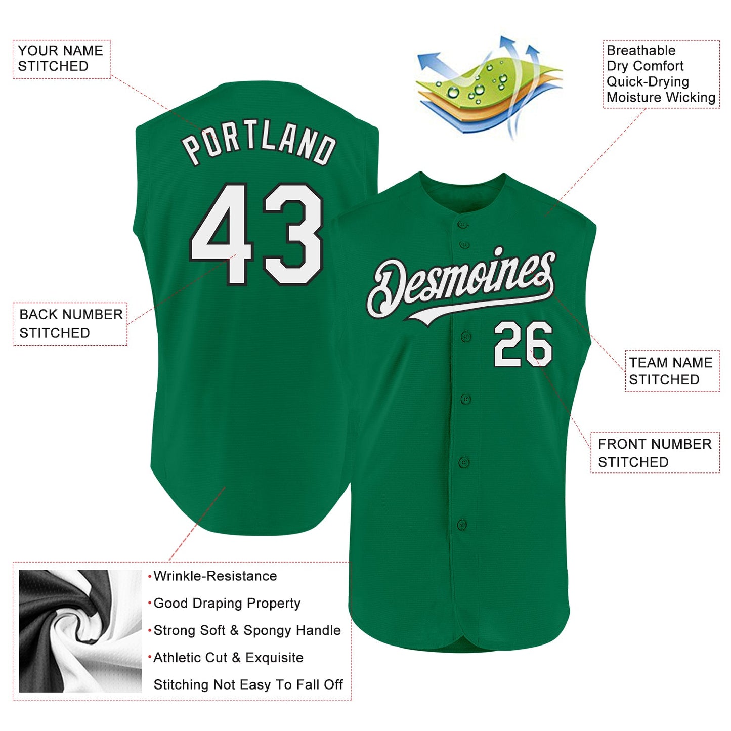 Custom Kelly Green White-Black Authentic Sleeveless Baseball Jersey - Sky-Custom