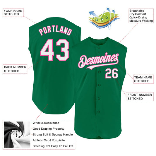Custom Kelly Green White-Pink Authentic Sleeveless Baseball Jersey - Sky-Custom