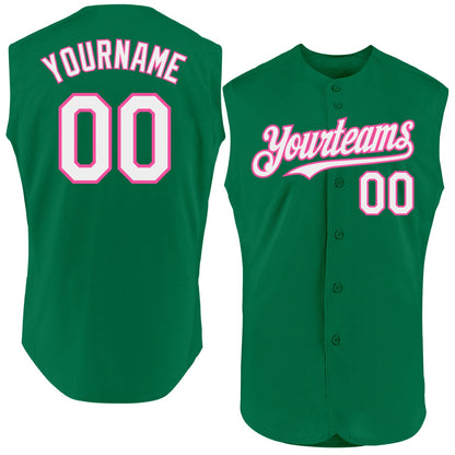 Custom Kelly Green White-Pink Authentic Sleeveless Baseball Jersey - Sky-Custom