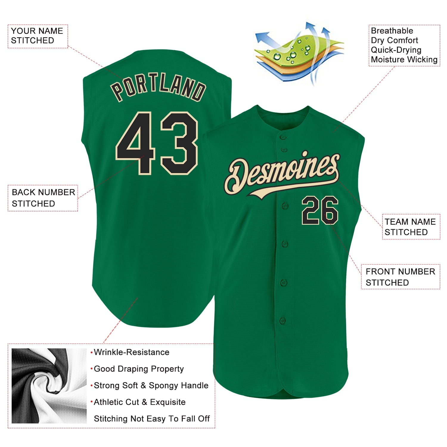 Custom Kelly Green Black-Cream Authentic Sleeveless Baseball Jersey - Sky-Custom