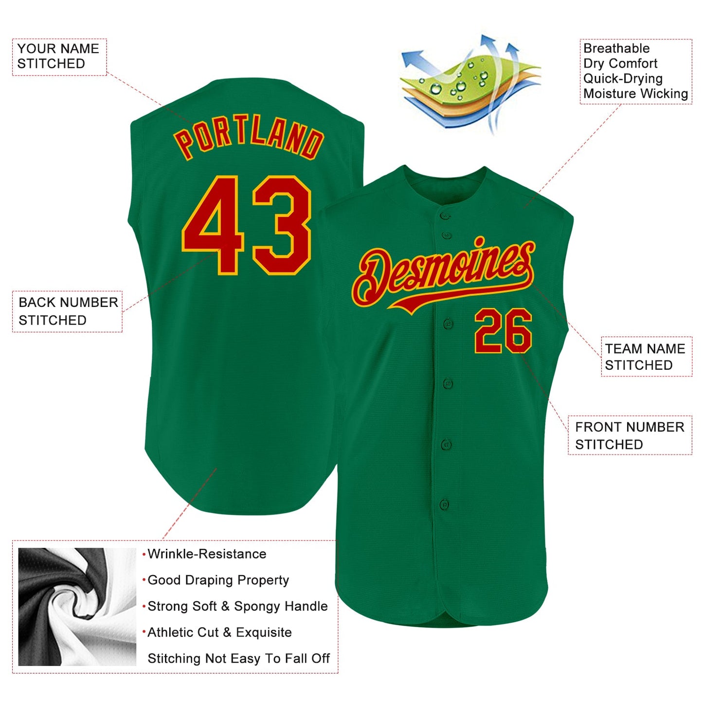 Custom Kelly Green Red-Gold Authentic Sleeveless Baseball Jersey - Sky-Custom