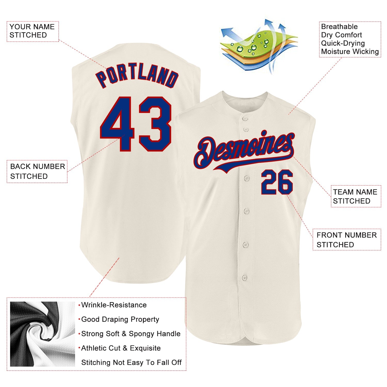 Custom Cream Royal-Red Authentic Sleeveless Baseball Jersey - Sky-Custom