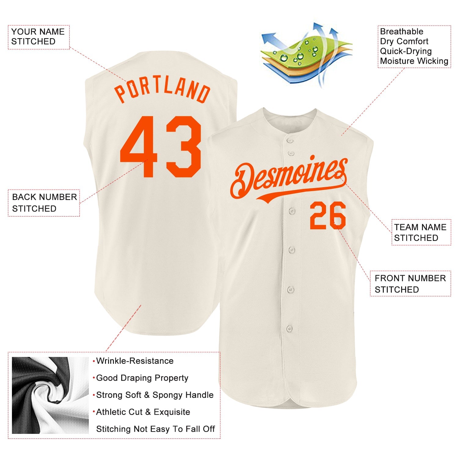 Custom Cream Orange Authentic Sleeveless Baseball Jersey - Sky-Custom
