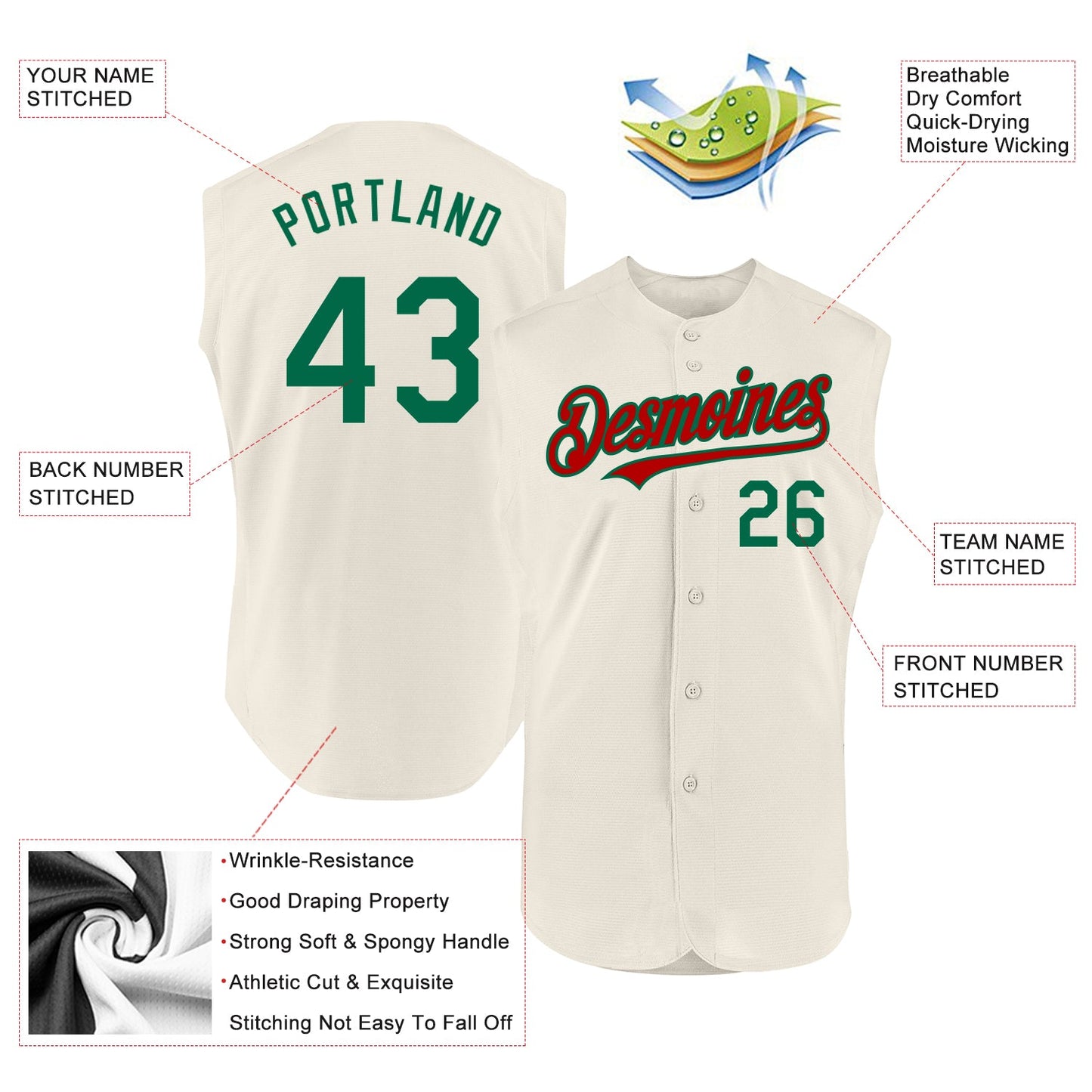 Custom Cream Kelly Green-Red Authentic Sleeveless Baseball Jersey - Sky-Custom
