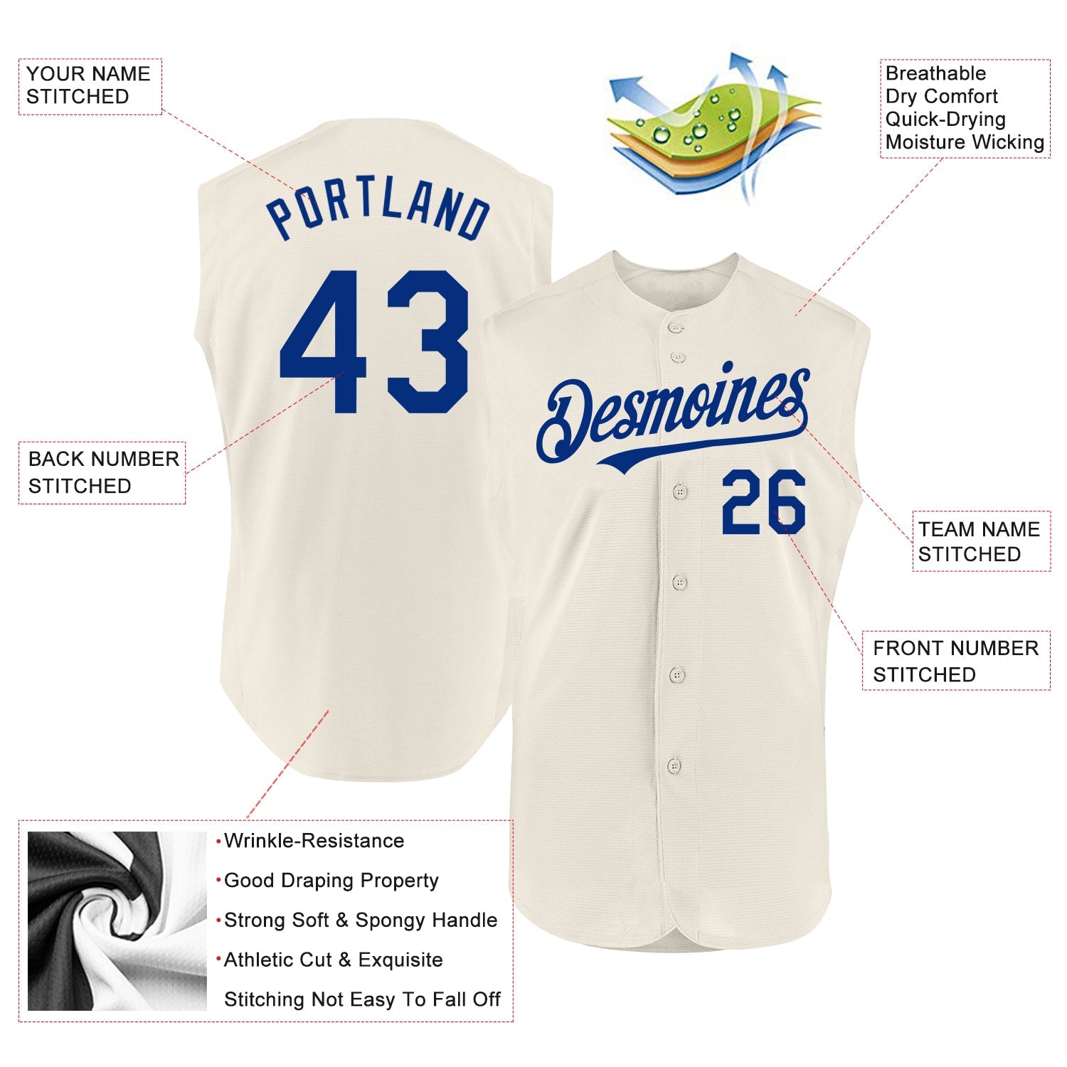 Custom Cream Royal Authentic Sleeveless Baseball Jersey - Sky-Custom