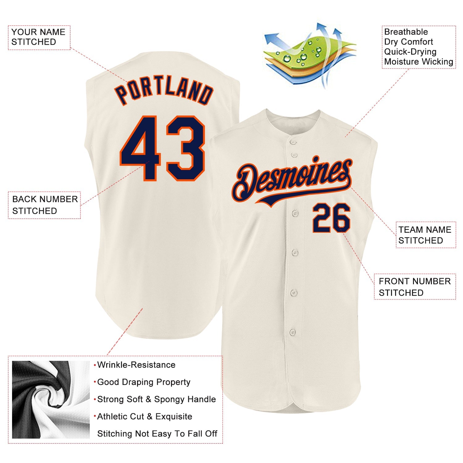 Custom Cream Navy-Orange Authentic Sleeveless Baseball Jersey - Sky-Custom
