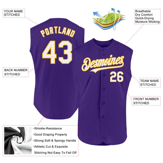 Custom Purple White-Gold Authentic Sleeveless Baseball Jersey - Sky-Custom