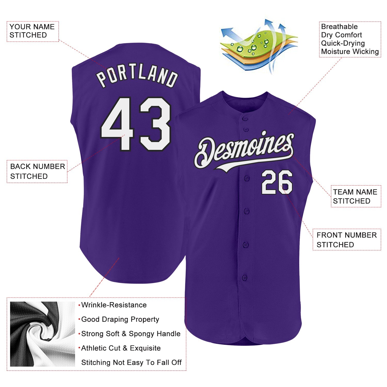 Custom Purple White-Black Authentic Sleeveless Baseball Jersey - Sky-Custom