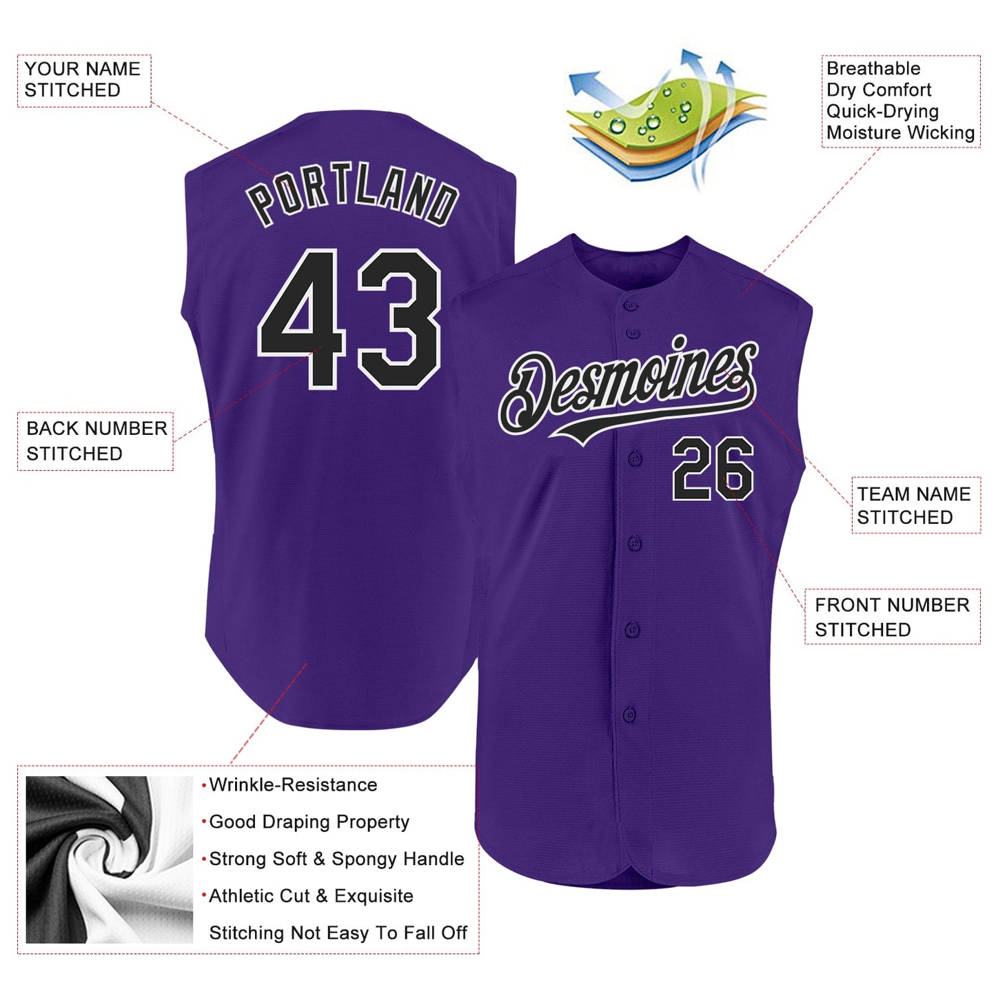 Custom Purple Black-White Authentic Sleeveless Baseball Jersey - Sky-Custom