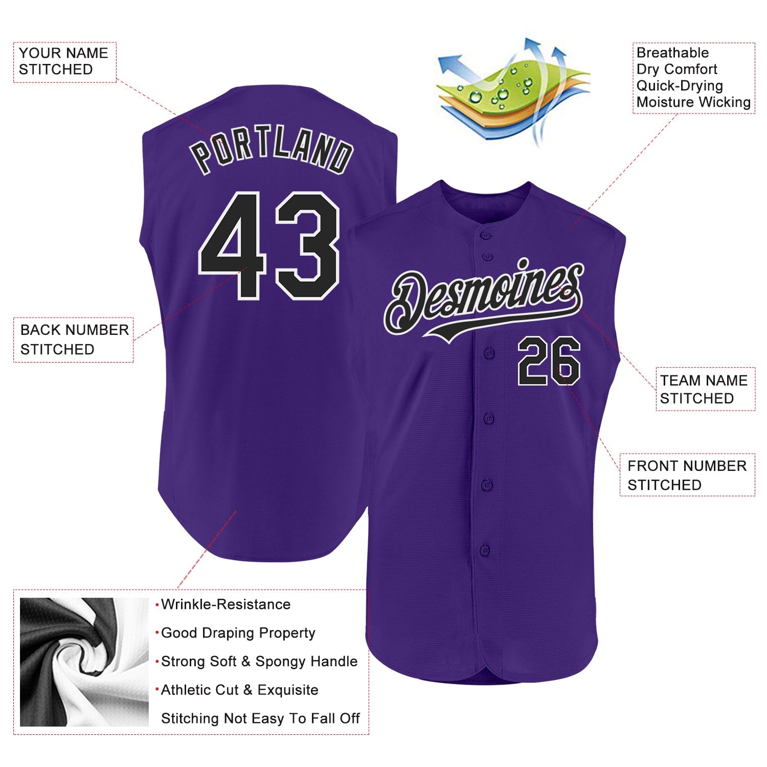 Custom Purple Black-White Authentic Sleeveless Baseball Jersey - Sky-Custom
