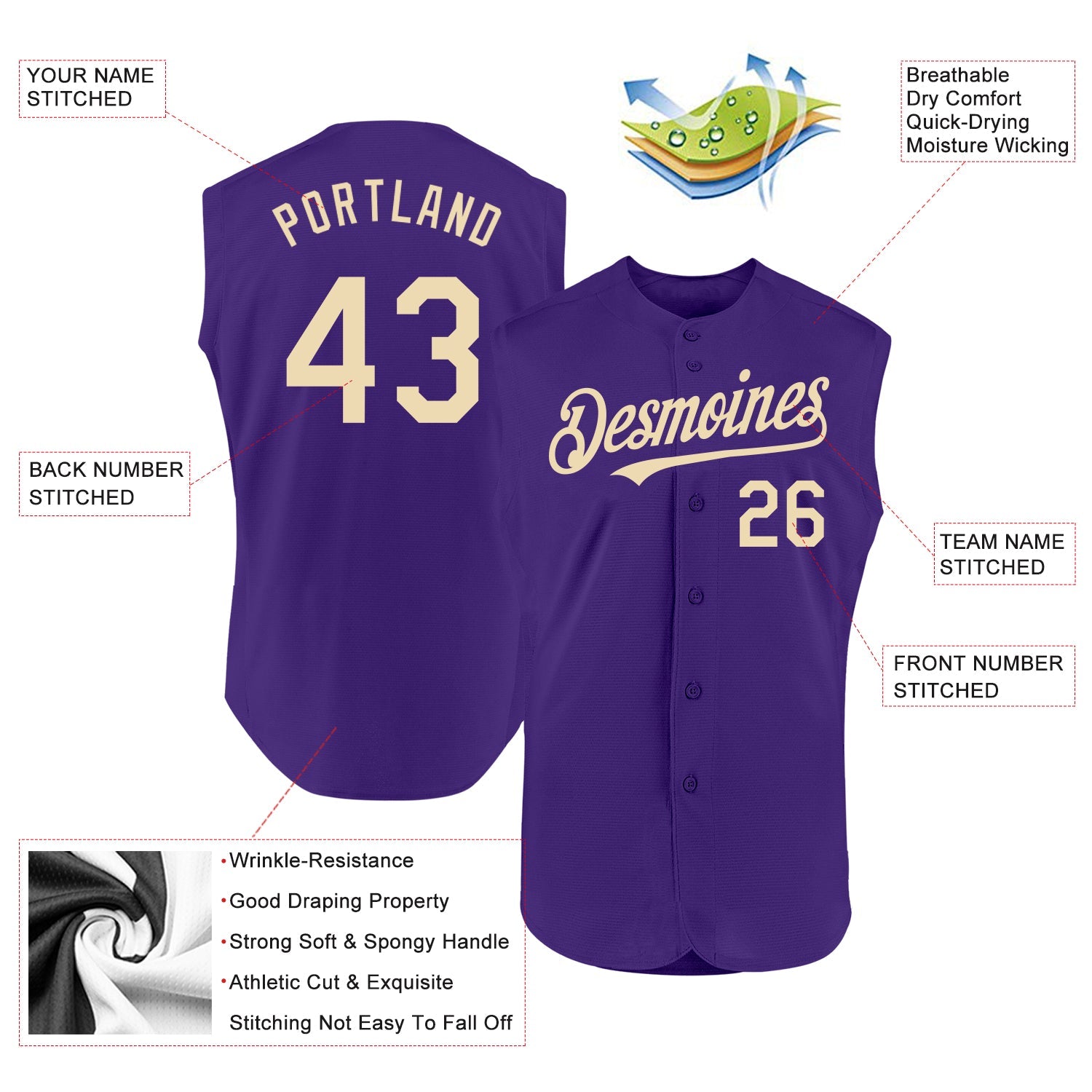 Custom Purple Cream Authentic Sleeveless Baseball Jersey - Sky-Custom