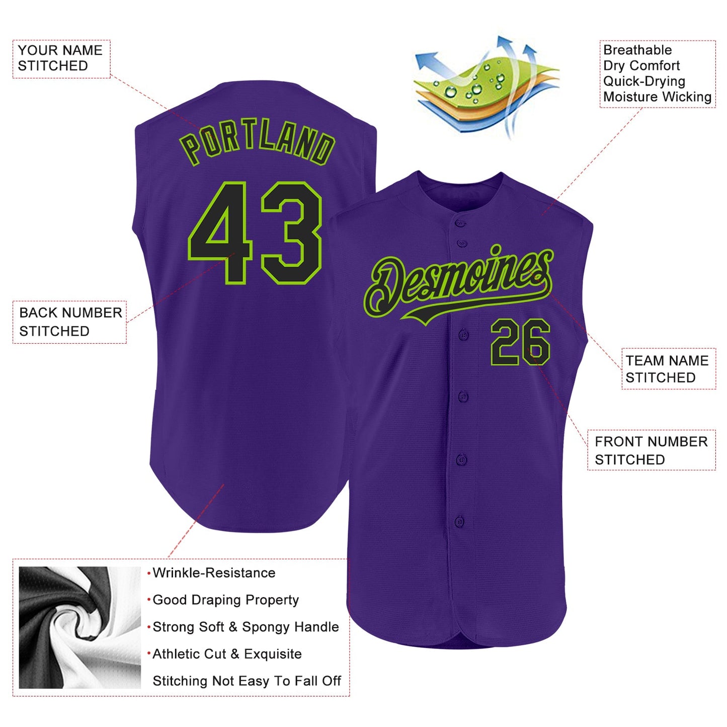 Custom Purple Black-Neon Green Authentic Sleeveless Baseball Jersey - Sky-Custom