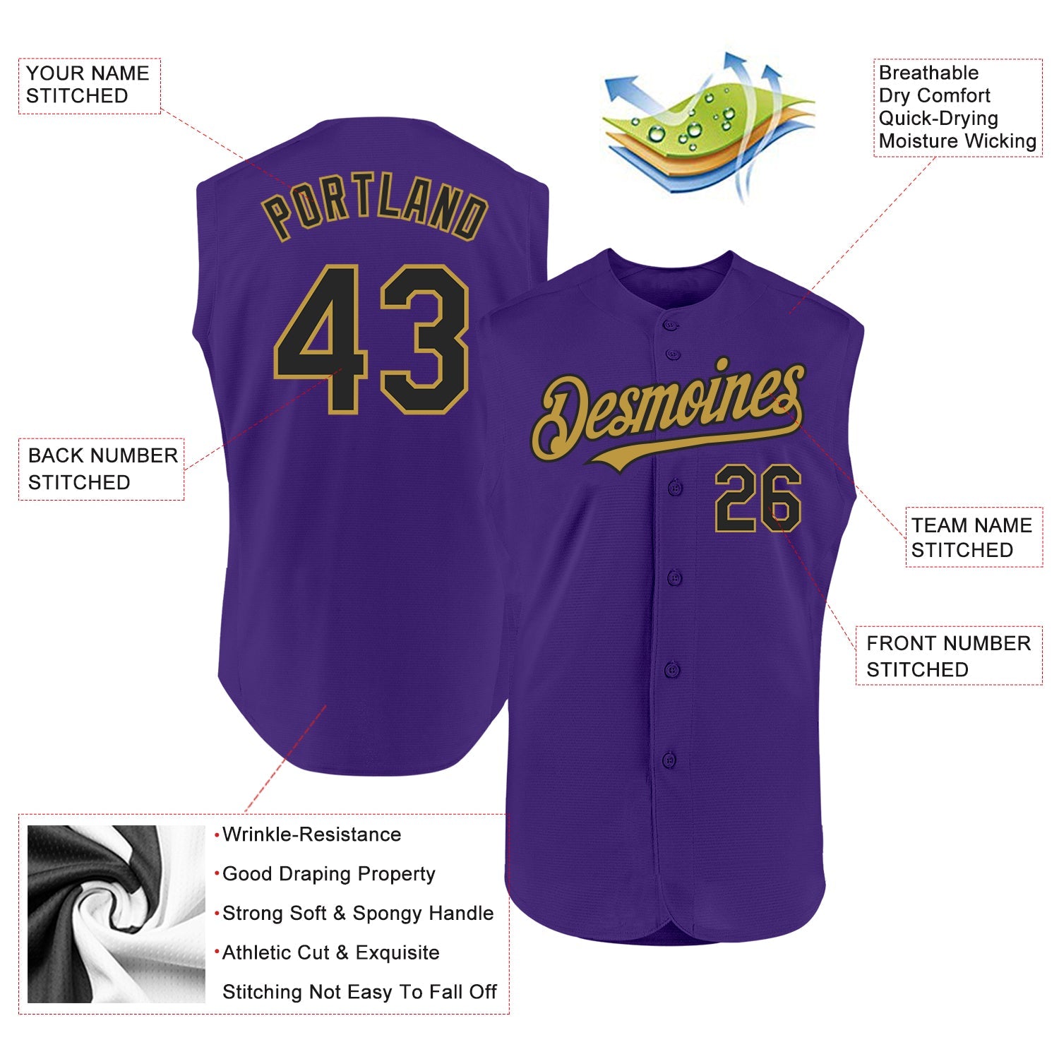 Custom Purple Black-Old Gold Authentic Sleeveless Baseball Jersey - Sky-Custom