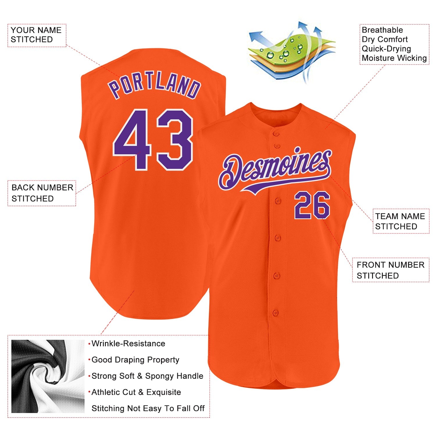 Custom Orange Purple-White Authentic Sleeveless Baseball Jersey - Sky-Custom