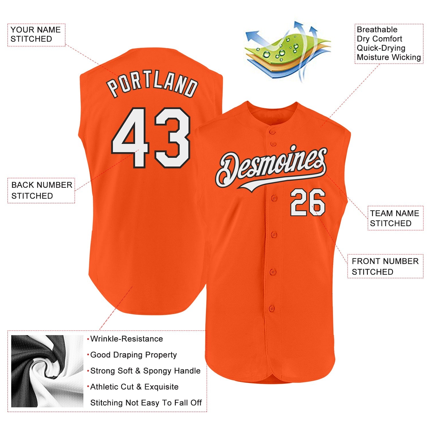 Custom Orange White-Black Authentic Sleeveless Baseball Jersey - Sky-Custom