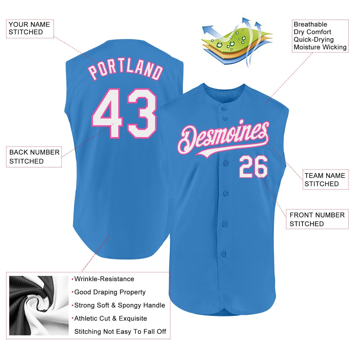 Custom Powder Blue White-Pink Authentic Sleeveless Baseball Jersey - Sky-Custom