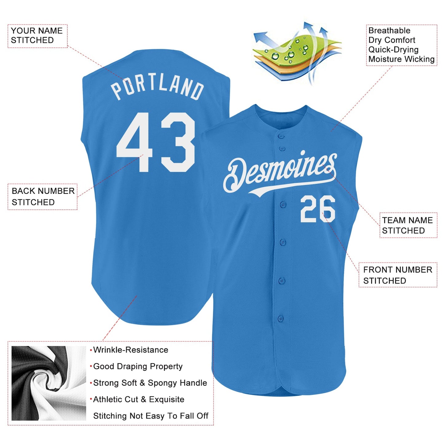Custom Powder Blue White Authentic Sleeveless Baseball Jersey - Sky-Custom