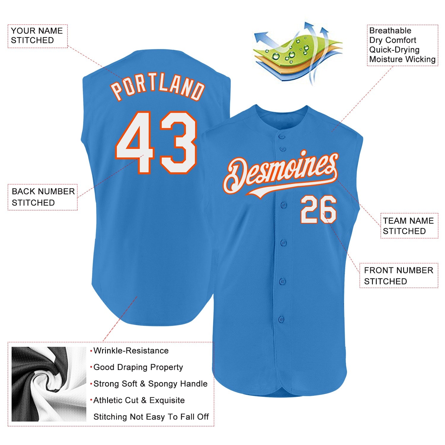 Custom Powder Blue White-Orange Authentic Sleeveless Baseball Jersey - Sky-Custom