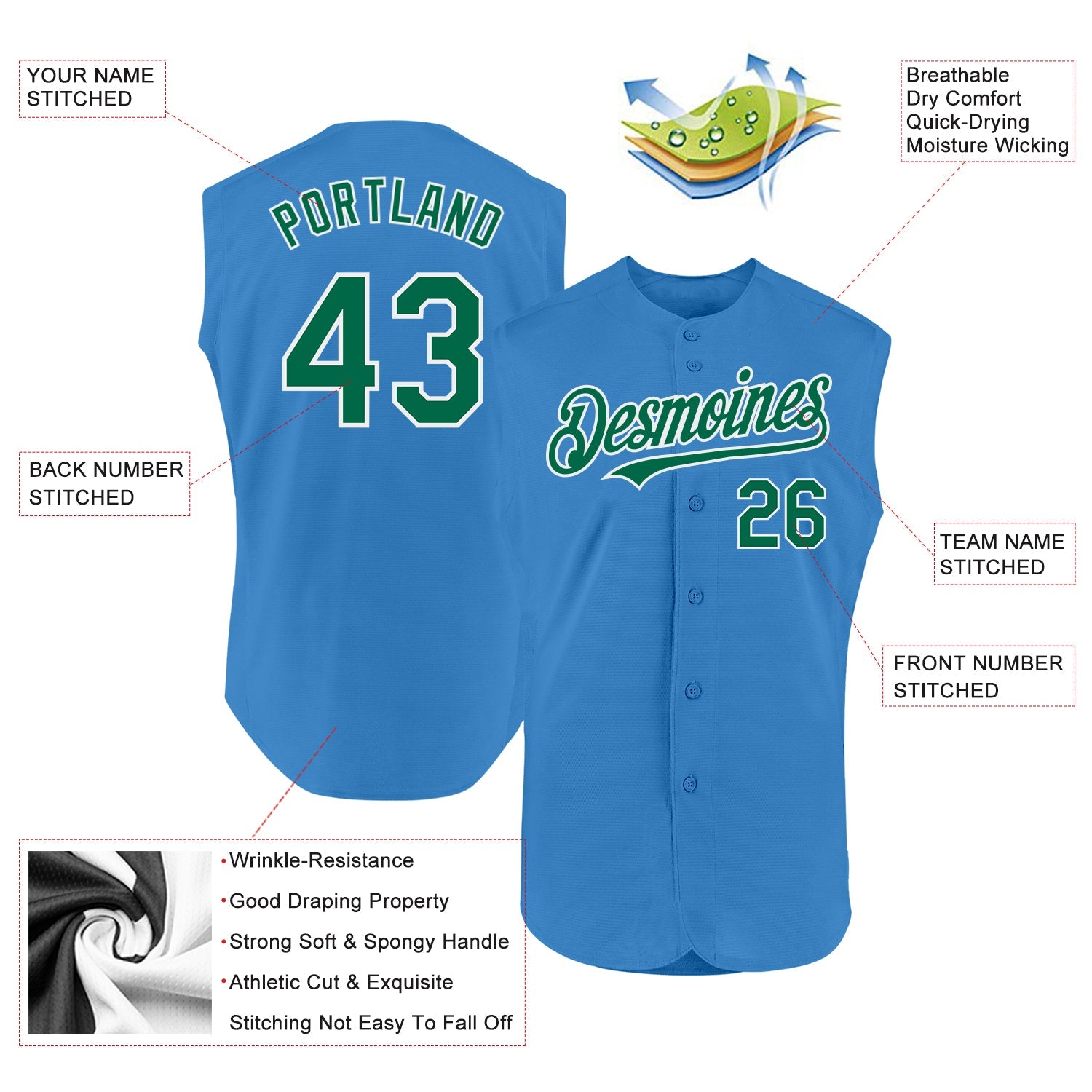 Custom Powder Blue Kelly Green-White Authentic Sleeveless Baseball Jersey - Sky-Custom
