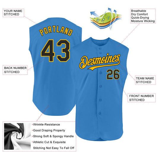 Custom Powder Blue Black-Gold Authentic Sleeveless Baseball Jersey - Sky-Custom