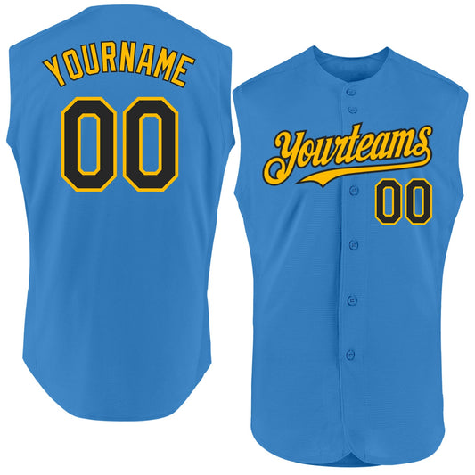 Custom Powder Blue Black-Gold Authentic Sleeveless Baseball Jersey - Sky-Custom