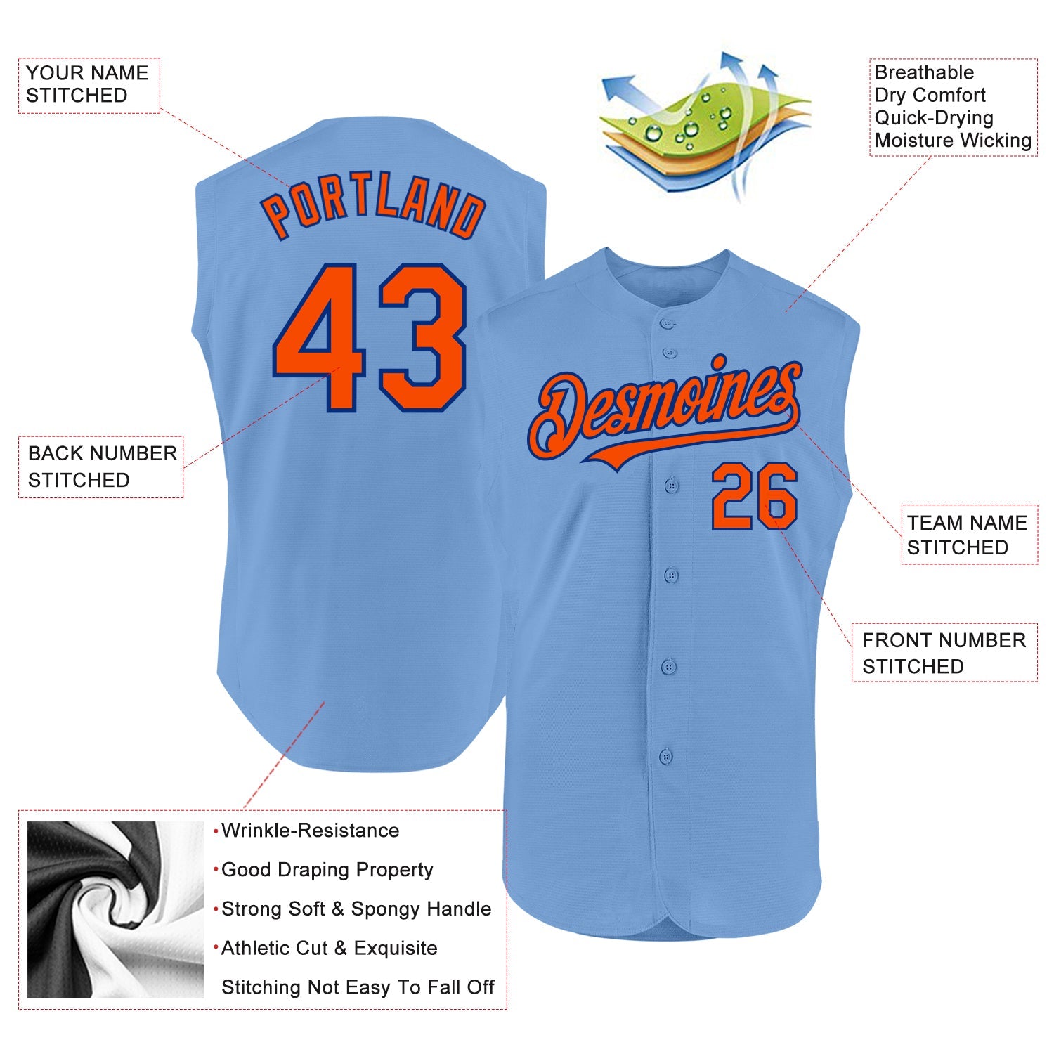 Custom Light Blue Orange-Royal Authentic Sleeveless Baseball Jersey - Sky-Custom