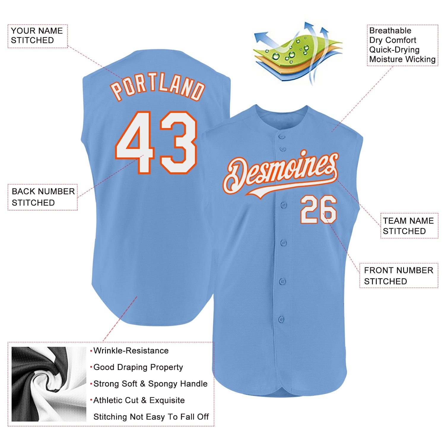 Custom Light Blue White-Orange Authentic Sleeveless Baseball Jersey - Sky-Custom