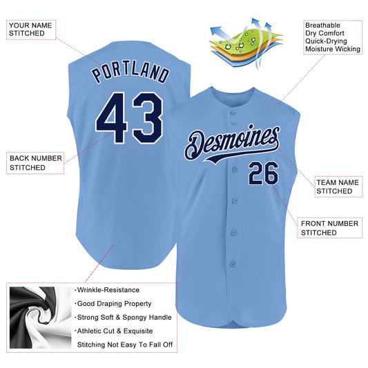 Custom Light Blue Navy-White Authentic Sleeveless Baseball Jersey - Sky-Custom