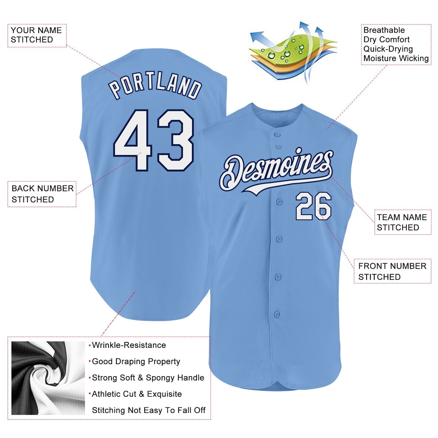 Custom Light Blue White-Navy Authentic Sleeveless Baseball Jersey - Sky-Custom