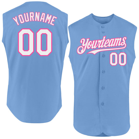 Custom Light Blue White-Pink Authentic Sleeveless Baseball Jersey - Sky-Custom