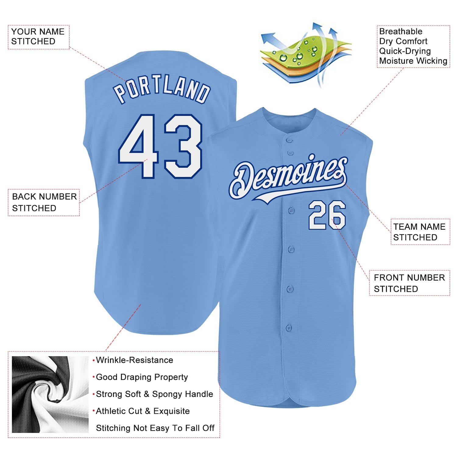 Custom Light Blue White-Royal Authentic Sleeveless Baseball Jersey - Sky-Custom