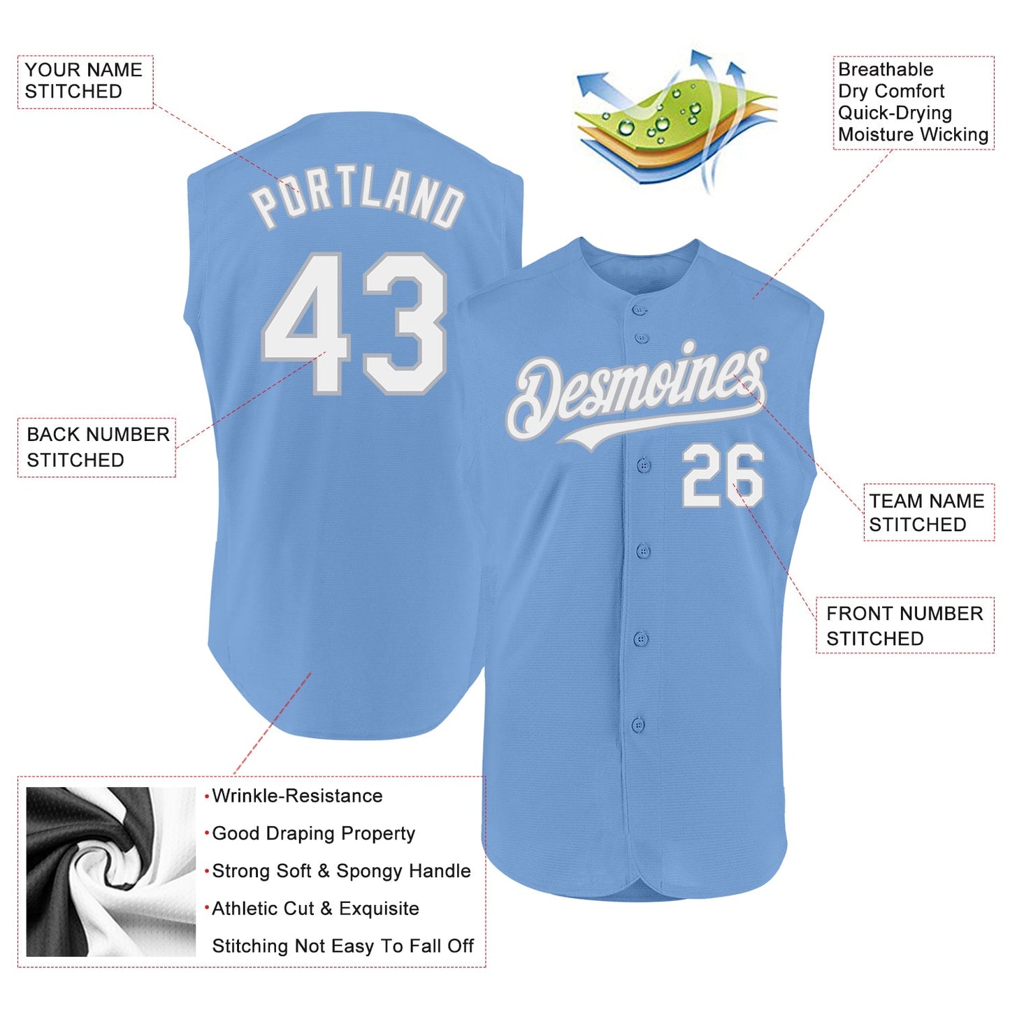 Custom Light Blue White-Gray Authentic Sleeveless Baseball Jersey - Sky-Custom