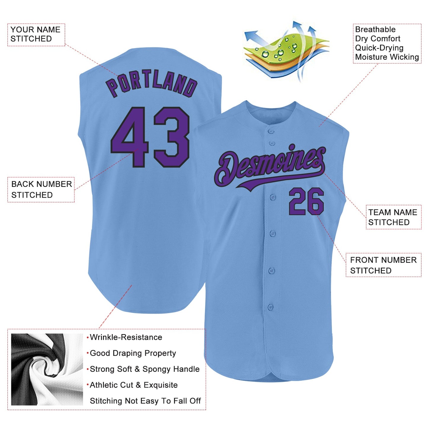 Custom Light Blue Purple-Black Authentic Sleeveless Baseball Jersey - Sky-Custom
