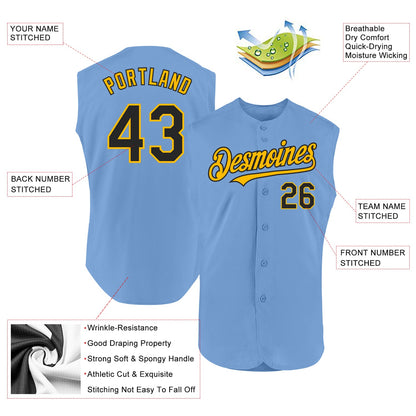 Custom Light Blue Black-Gold Authentic Sleeveless Baseball Jersey - Sky-Custom