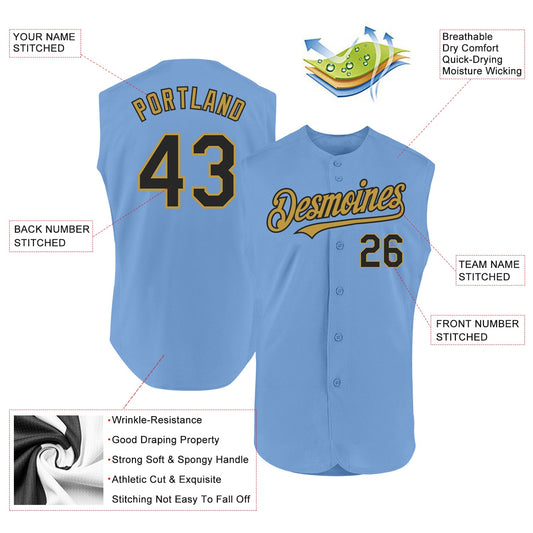 Custom Light Blue Black-Old Gold Authentic Sleeveless Baseball Jersey - Sky-Custom