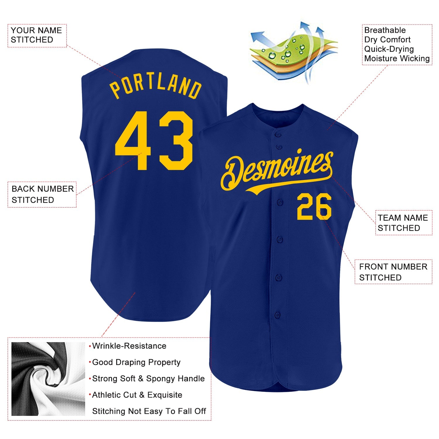Custom Royal Yellow Authentic Sleeveless Baseball Jersey - Sky-Custom