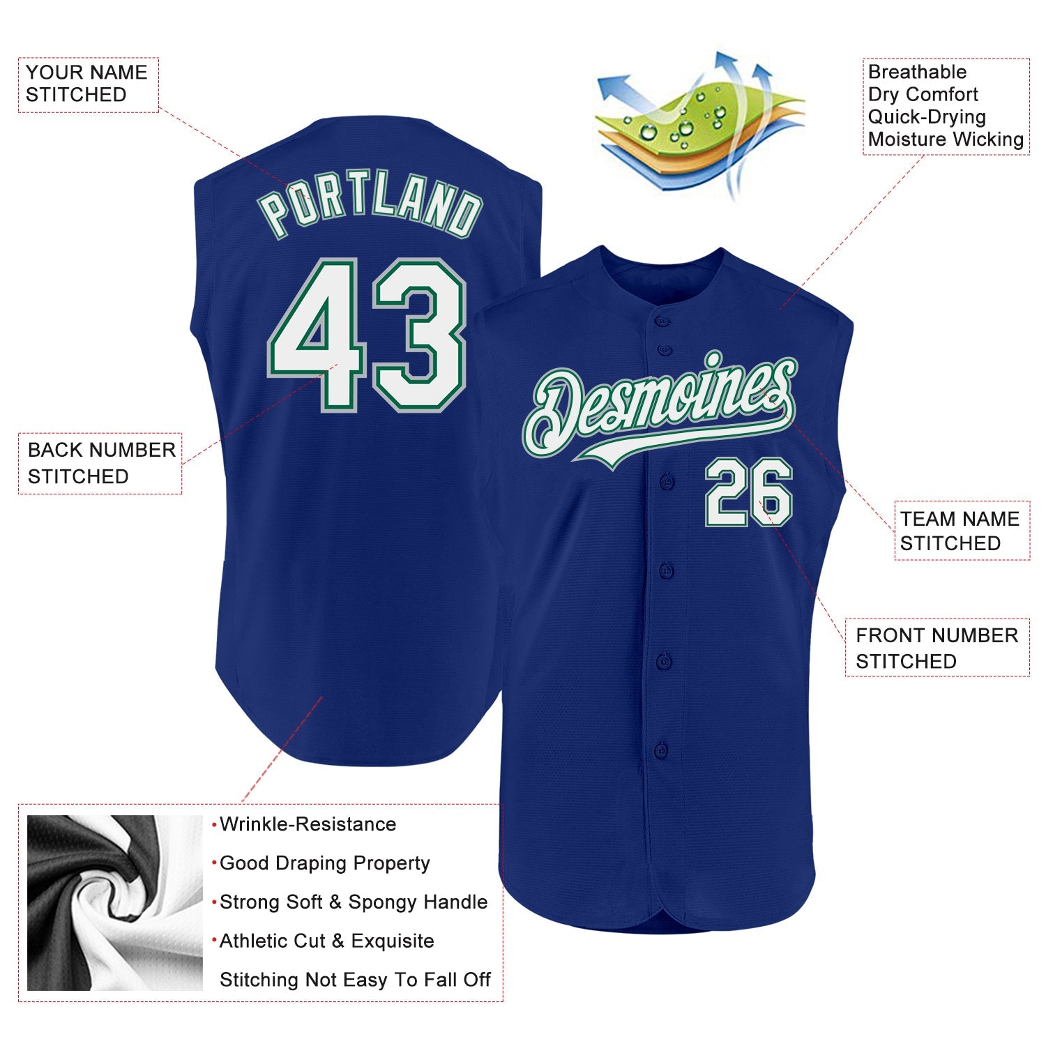Custom Royal Kelly Green-Gray Authentic Sleeveless Baseball Jersey - Sky-Custom