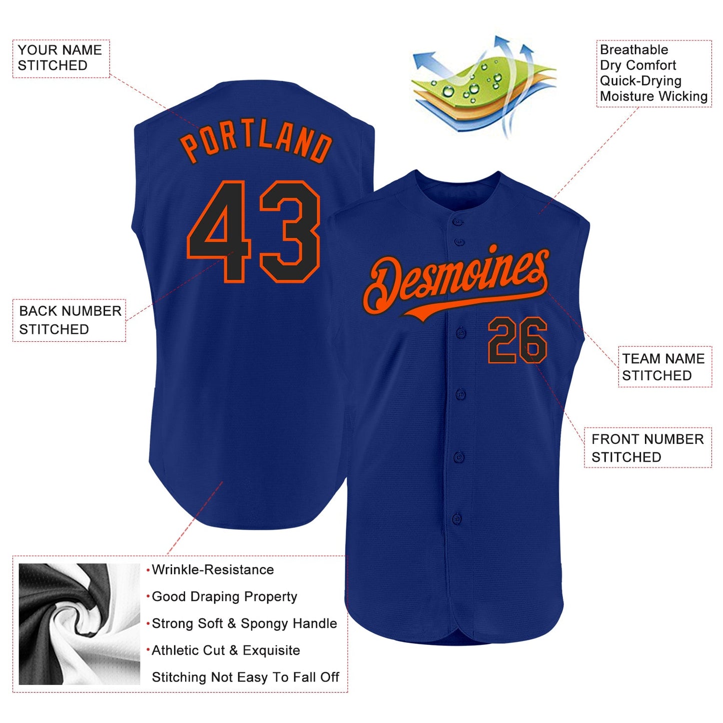 Custom Royal Black-Orange Authentic Sleeveless Baseball Jersey - Sky-Custom